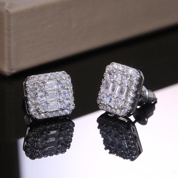 NEW Silver Baguette Round Diamond Stud Earrings - Picture 6 of 7